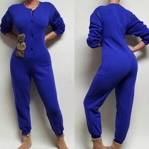 Rare Vintage 90s Night Gear Blue Fluffy Teddy Bear Button Up One-piece Pajamas M
